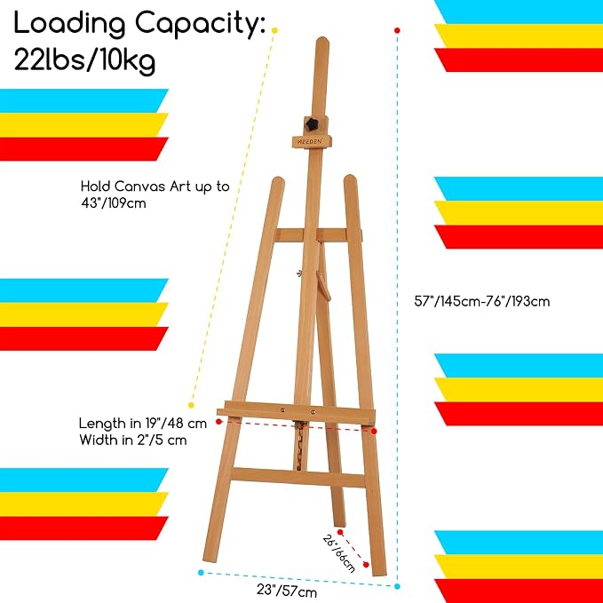 MEEDEN Painting Wooden Art Easel: Solid Beechwood, Hold Canvas up to 43" | Adjustable Height from 57"-76" for Studio Gallery, Multiple Work Angles A-Frame Easel for Adults Artists Beginners, Natural