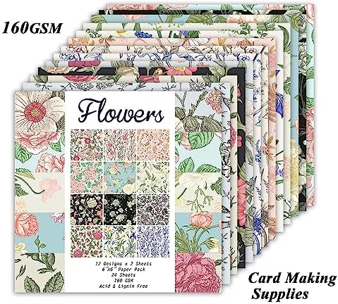 Scrapbook Paper, 24 Sheets 6"×6" 160gsm Single-Sided Patterned Cardstock