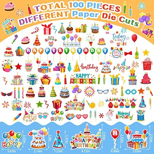 Leinuosen 100 Pcs Birthday Paper Die Cuts Cardstock Scrapbook Die Cuts DIY Scrapbooking Cutouts for Birthday Scrapbook Notebook Suitcase Calendar Laptop Embellishments Supplies Craft Making Decoration