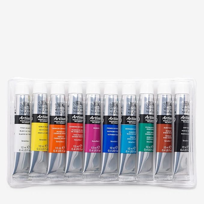 Winsor & Newton Artisan Water Mixable Oil Paint Set, 10 x 12ml Tubes | Clean with water; no solvents needed. Color depth, lightfastness, opacity/transparency are the same as traditional oils.