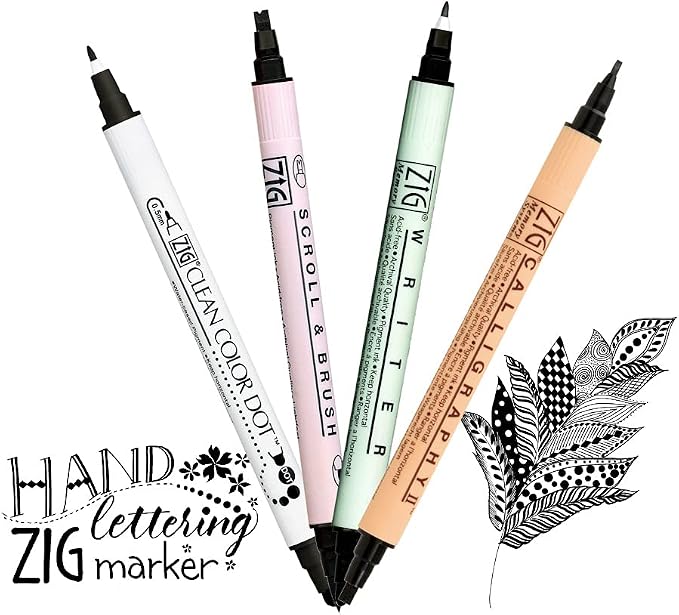 Kuretake ZIG Twin Marker BLACK 4 Assortment set for Hand Lettering, Calligraphy Art, Illustration, Journaling, Cartooning, AP- Certificated, Made in Japan