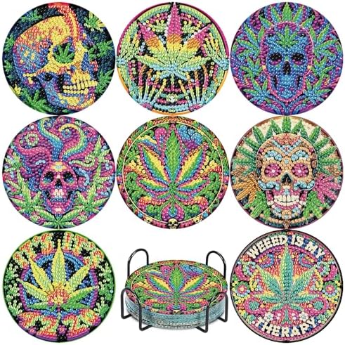 8 Pcs Leaf Diamond Art Coasters Kits, Diamond Painting Coasters Kits