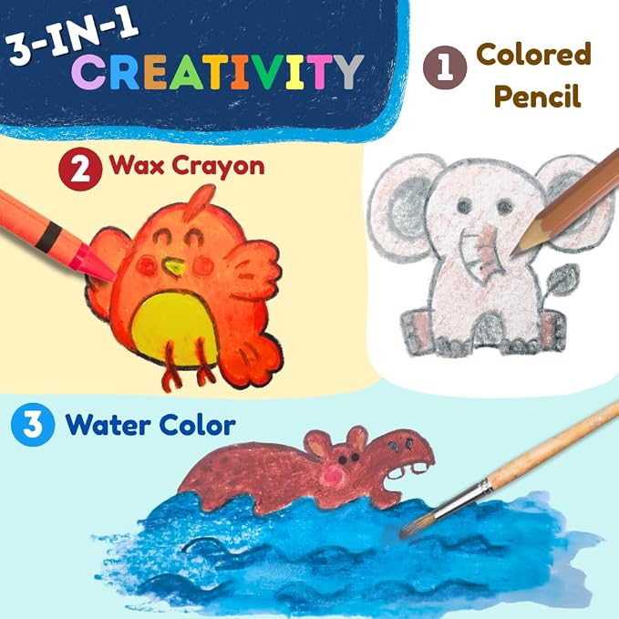 24 Jumbo colored Pencils Toddler ages 3-5, 3-in-1 Wooden Pencil, Crayon & Watercolor Art Set. Break-Resistant 8mm Core, Chunky Easy Grip for Beginner, Preschools, Kids, those with special needs (24)