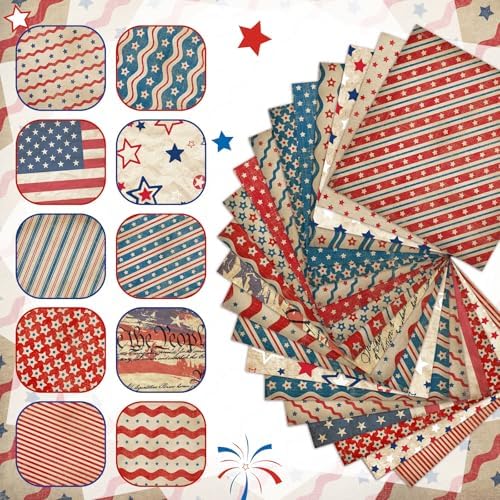 HunnmingRe 20 Pcs 10x10'' Patriotic Quilting Fabric Square 4th of July Precut Fabric Bundle USA Flag Star Red White Blue Patchwork for Memorial Day DIY Craft Sewing Material(Vintage July 4th)