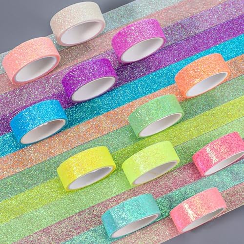 TIESOME 12 Rolls Glitter Washi Tape Set, 15mm Macaron Cute Colored Masking Tape, Decorative Masking Tapes for DIY, Scrapbook, Journal, Gift Wrapping, Crafts