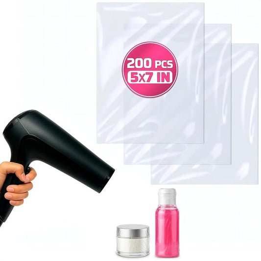 PalaYou 200 Pcs Clear Heat Shrink Wrap Bags, 5x7 Inches, PVC Film | Homemade Soap Packaging for Jewelry, Crafts and Gifts; Heat Gun or Hair Dryer at Medium Temperature; Soap Making Supplies