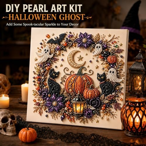 Halloween Pearl Art Kit for Adults, Halloween Ghost Pearl Art DIY Kit, Cute Pumpkin 3D Diamond Art Kits for Adults, DIY Fall Diamond Art Painting Home Decor Wall Art, Beginner DIY Seasonal Party Gift