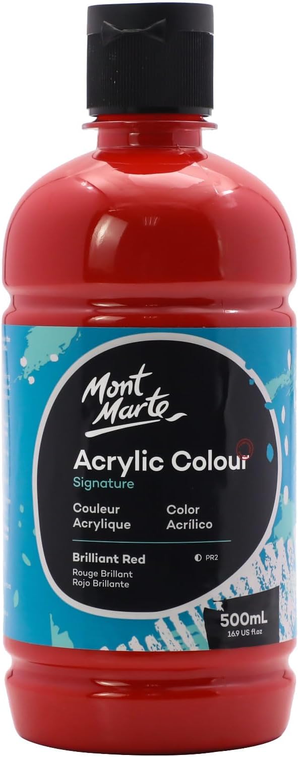 Mont Marte Signature Brilliant Red Acrylic Paint, 16.9oz (500ml), Semi-Matte Finish, Suitable for Canvas, Wood, Fabric, Leather, Cardboard, Paper, MDF and Crafts