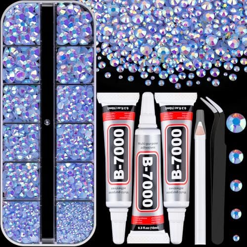 Resin Rhinestones for Crafting with 3Pcs 10ml B7000 Jewelry Glue, 1 Box Light Blue AB Flatback Gems Crystals Diamond for Bedazzling Crafts DIY Nail Art Makeup, Gems for Clothing Tumblers Shoes