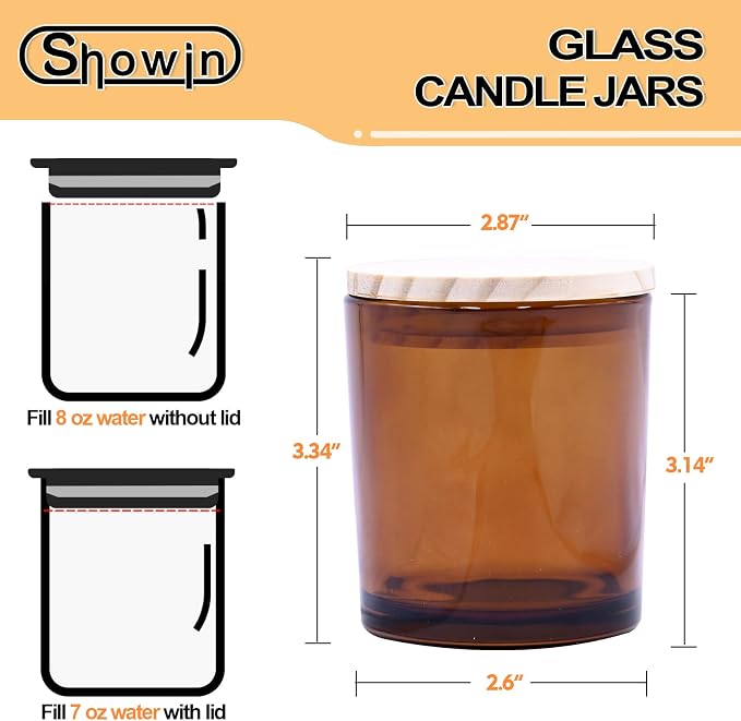 SHOWIN 8 OZ Thick Candle Jars for Making Candles 15 Pcs, Brown Empty Jars with Wood Lids for Candle Making, Sample Container,Clear Brown