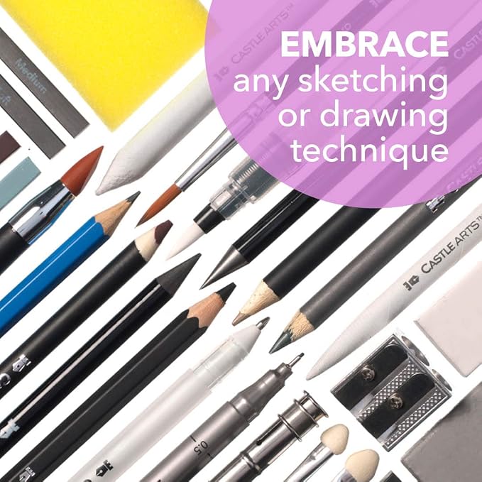 Castle Art Supplies 100 Piece Drawing Sketching and Charcoal Set for Adults | Graphite, charcoal, pastel, and metallic pencils, plus more extras - for professional and adult artists alike