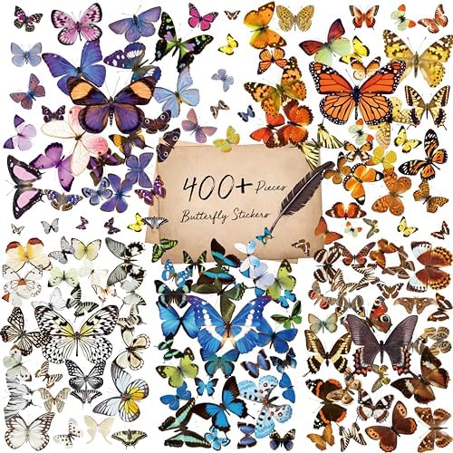 400+ PCS Realistic Butterfly Stickers, Self-Adhesive PVC Vintage Butterfly Stickers for Scrapbook, Laptop, Journal, DIY Project, Window, Envelope Spring Themed Party Decors