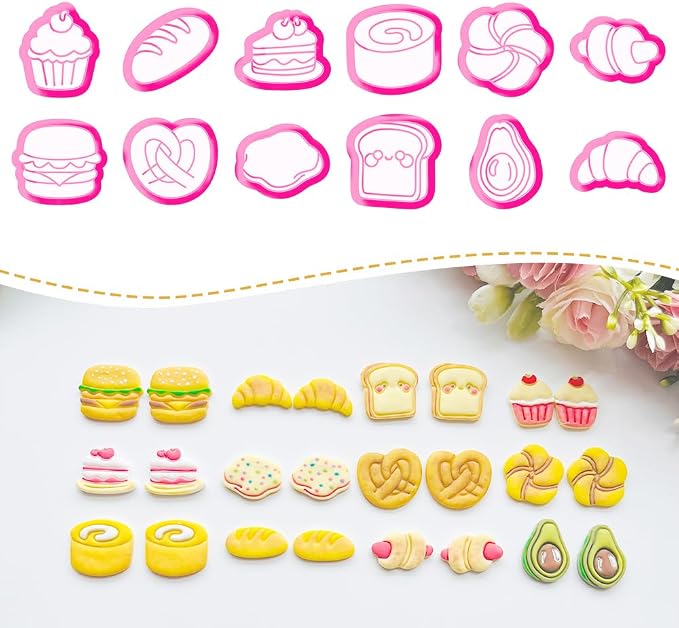 Xaekicr Bakery & Food Theme Polymer Clay Cutters Set - 12pcs Miniature Shapes Including Croissant, Burger, Avocado, Cupcake, Bread & Toast for DIY Earring Jewelry, Soft Clay Crafts & Scrapbooking