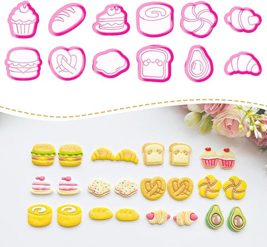 Xaekicr Bakery & Food Theme Polymer Clay Cutters Set - 12pcs Miniature Shapes Including Croissant, Burger, Avocado, Cupcake, Bread & Toast for DIY Earring Jewelry, Soft Clay Crafts & Scrapbooking
