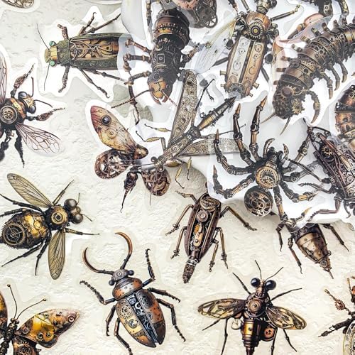 50 Pcs Steampunk Insect Stickers for Scrapbooking – Vintage Mechanical Bug Decals with Gears & Clockwork, Clear Waterproof Aesthetic Stickers for Journaling, Water Bottle, DIY Crafts