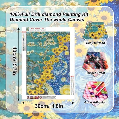 VeGuude Diamond Art Kits for Adults, Van Gogh Starry Night Sunflower Almond Blossom Combination Art, DIY 5D Round Full Drill Diamond Art for Beginner, Home Wall Decor Gift 12x16inch