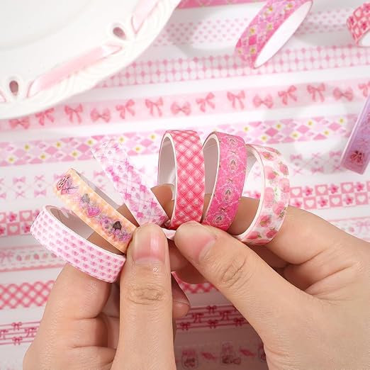 icceemee 20 Rolls Sweet Pink Theme Washi Tape Set with Different Colorful Patterns, Writable Decorative Tapes for Scrapbooking, Junk Journal Supplies, Bullet Journaling, 0.39'' x 79'' per Roll