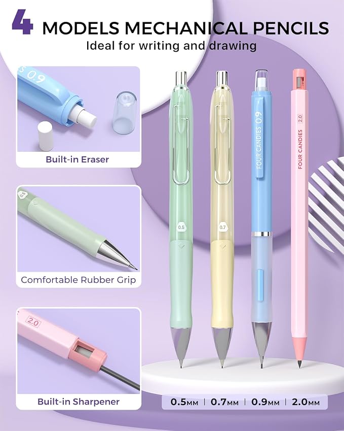 Four Candies 42PCS Mechanical Pencil Set with 696 Lead Refills (Cream)