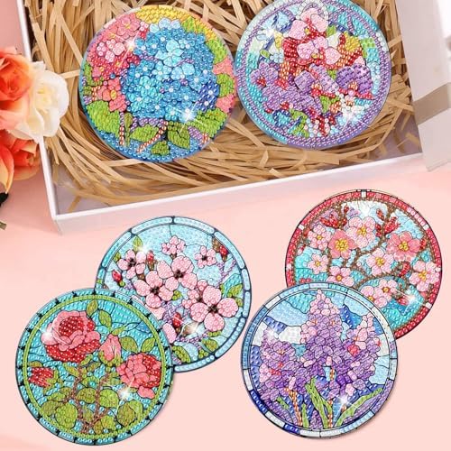 8 Pcs Diamond Art Coaster Kit for Adult with Holder, Diamond Coasters 4x4in