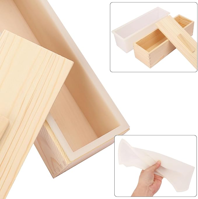 Artisan Soap Loaf Wood Box for Soap Making White 4 Packs 42oz Premium Silicone Loaf Soap moldss with Wooden Box and Lid - Ideal for Large Size Homemade Soaps, Flexible and Heat Resistant