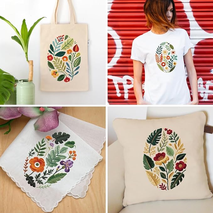 ORIGACH 6 Pack Plants Leaves & Flower Embroidery Kits for Beginners, DIY Starter Hand Embroidery Kit with Floral and Leaf Patterns and Instructions for Adults Women Crafting