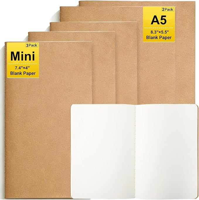 Kraft Notebooks Bulk, Blank Journals Notebook for Office, Unlined Composition Notebook for Kids, Student, Sketchbooks and Journaling Notebooks for Work, School & 60 Pages&A5&Mini Size(2Pack 8.3"×5.5", 3Pack 7.4"×4")