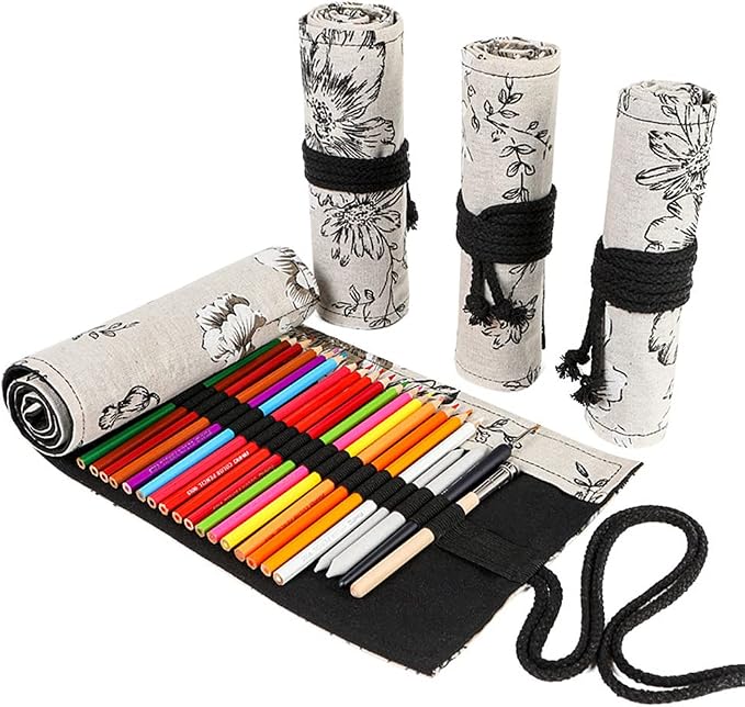 DIYOMR 24/36/72 Slots Pencil Wrap Pencil Rolls, Artist Colored Pencils Roll Up Bag Short Brushes Pouch Case Pencils Organizer for Drawing Coloring and Sketching,No Pencils (Peony Flower, 36slots)