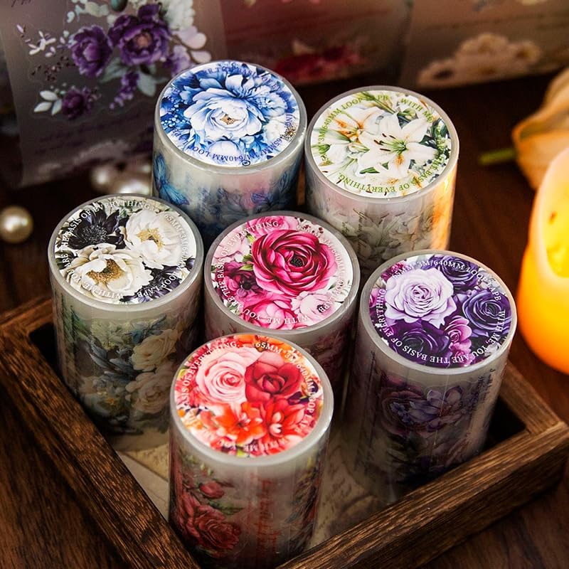 Alideco 6pcs Decorative Adhesive Tapes matte floral PET Tape Great for Bullet Journal Supplies, Arts, Scrapbook, DIY Crafts, Planners (huahuiyanlushengkai)