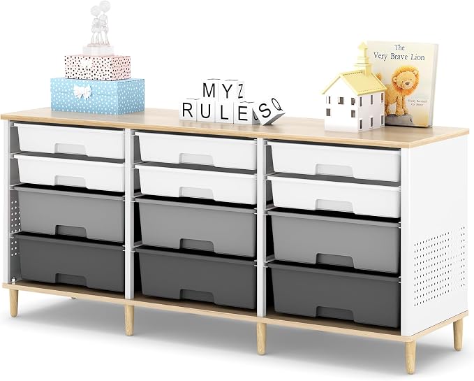 TOOLF 12 Drawers Storage Cabinet with Wooden Top and Plastic Bins, Grey | Toy Shelf Storage Chest Cubby Organizer, for Home, Office, Playroom, Classroom & Craft Room