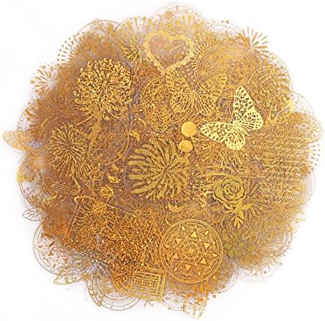Dizdkizd Die Cut Golden Holographic Stickers, 360-Piece Glitter Translucent Decorative Decals PET Self-Adhesive Scrapbooking Supplies Set for Craft Projects Photo Album Laptop Resin Art