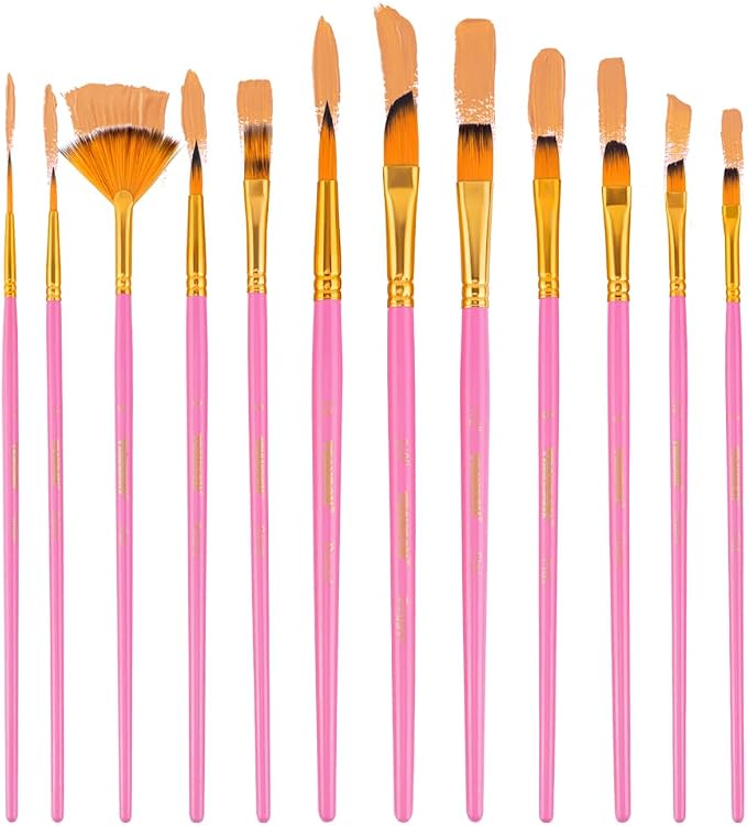 Transon Artist Paint Brush Set of 12 for Acrylic Watercolor Gouache Oil Craft Painting Pink