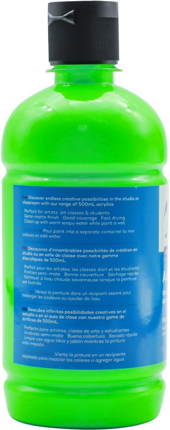 Mont Marte Signature Fluoro Green Acrylic Paint, 16.9oz (500ml), Semi-Matte Finish, 12 Colors, Suitable for Canvas, Wood, Fabric, Leather, Cardboard, Paper, MDF and Crafts