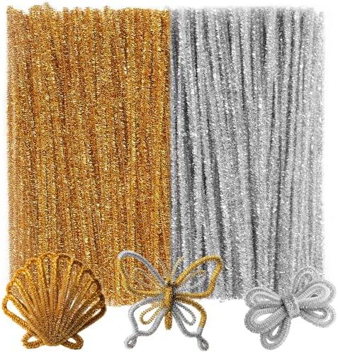 Caydo 200 Pieces Glitter Golden & Silver Pipe Cleaners
