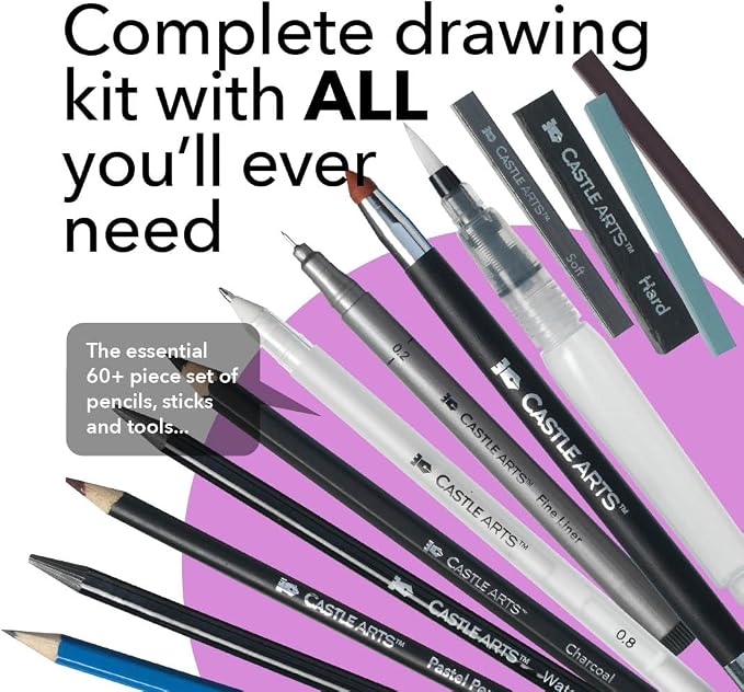 Castle Art Supplies 60 Piece Drawing, Sketching and Charcoal Set for Adults | Graphite, charcoal, pastel, water-soluble pencils, sticks, and fineliners - carry-anywhere zip case, professional quality