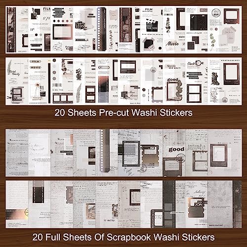 Dizdkizd Washi Stickers Book for Journaling, Vintage Scrapbook Ephemera with 180pcs Film Stickers and 20 Adhesive Scrapbooking Papers, Junk Journaling Supplies