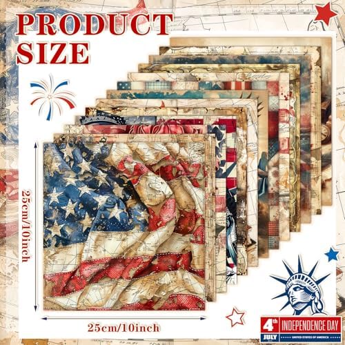 HunnmingRe 20 Pcs 10''x10'' Vintage Patriotic Quilting Fabric Square 4th of July Precut Quilted Fabric Bundle American Flag USA Patchwork Supplies for 250th Veteran Handmade DIY Craft Sewing Material