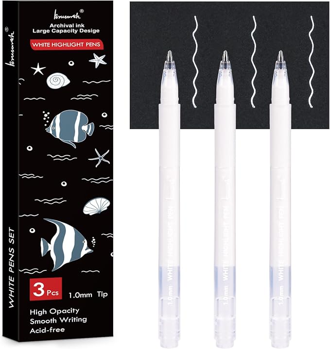 Brusarth White Gel Pens, 1mm Fine Point Opaque Archival Ink Pens | 3 Pack Opaque White Archival Ink Pens for Black Paper Drawing, Sketching, Illustration, Bullet Journaling