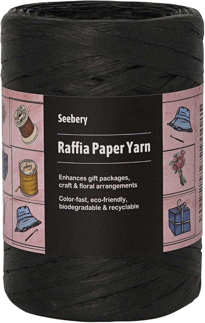 Raffia Ribbon Yarn for Crafts - Raffia Grass Twine for Gift Wrapping, DIY Decoration, Blinds & More | Matte String Paper Rope - 1/4'' Wide, 109 Yards, Black