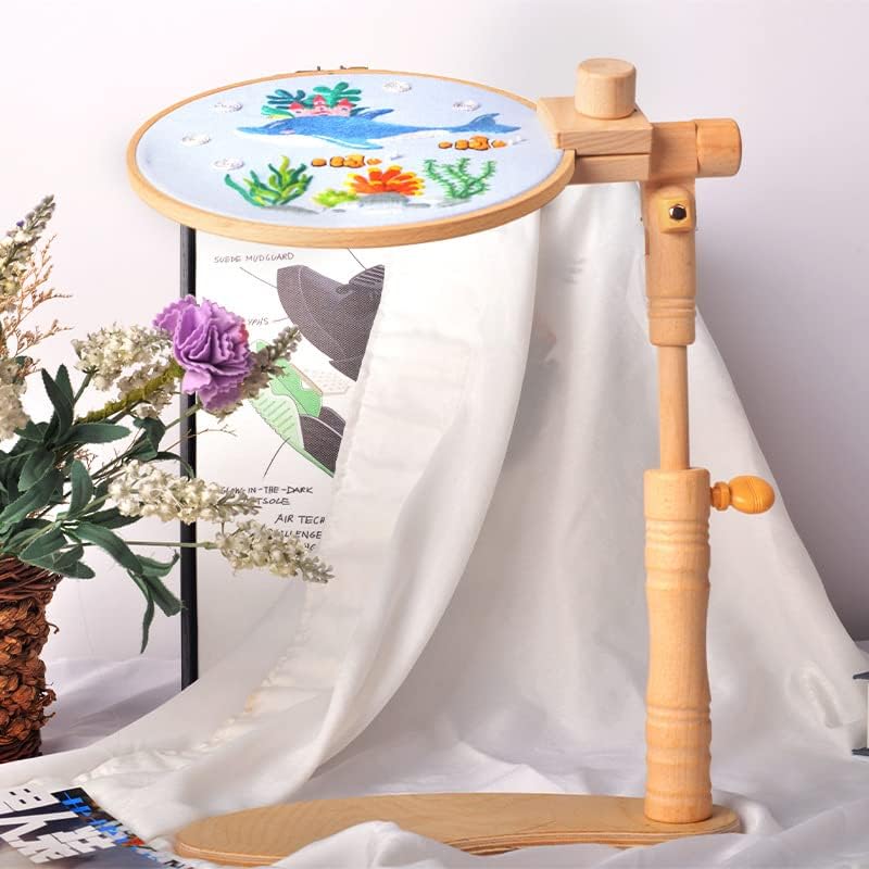Adjustable Embroidery Hoop Stand, Beech Wooden Cross Stitch Holder, Embroidery Lap Stand for Needlework, Tabletop Seat Frame Stand for Embroidery and Cross Stitch
