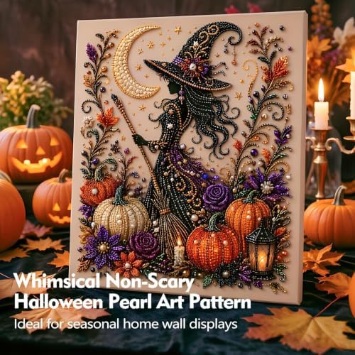 TLM Halloween Ghost Pearl Art DIY Kit, Spooky Cute 3D Diamond Painting Crafts for Adults, DIY Fall Home Decor Wall Art, Beginner DIY Seasonal Party Gift (Halloween Witch)