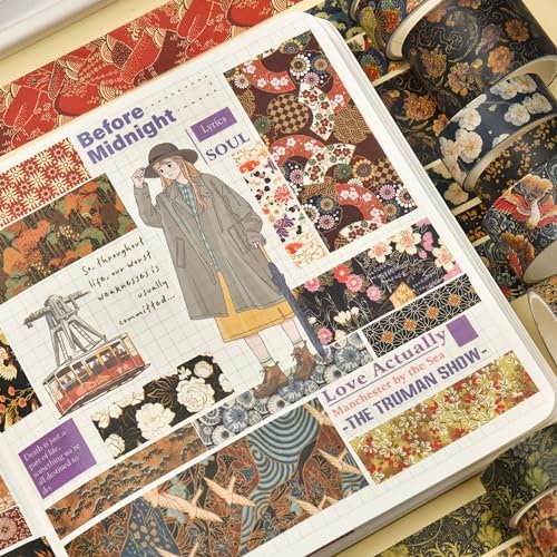12 Rolls Kyoto Charm Washi Tape Set Japanese Arts Adhesive Tapes Geometric Garden Decorative Masking Tape Sets for Craft, Kids, Scrapbook, DIY, Gift Wrapping (Crimson Fields)