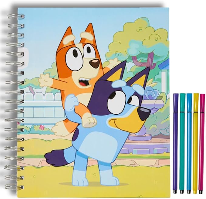 Innovative Designs Bluey Sketchbook for Kids with Washable Markers, 86 Blank Pages Spiral Bound, Blue