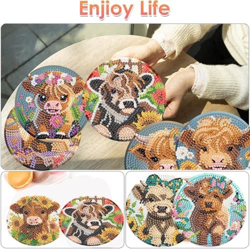 ijbnhd 8 Pack Highland Cow Diamond Art Coasters Kits