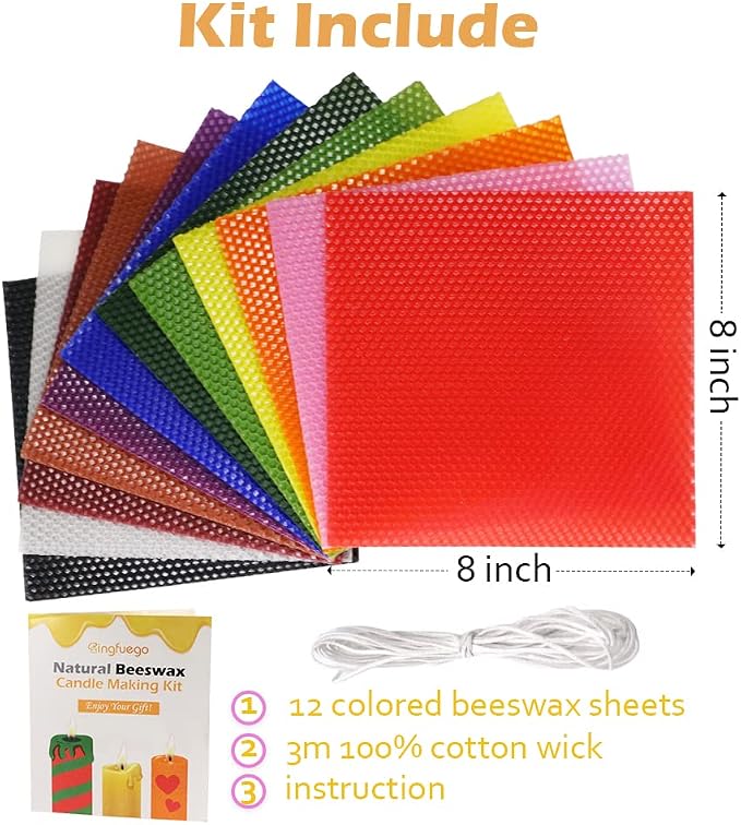 Bingfuego Beeswax Candle Making Kit for Beginners-12 Beeswax Sheets for Candle Making Rolling Kits, Natural Beeswax Candle Making Kit (Classic Color, 8 x 8 inch)