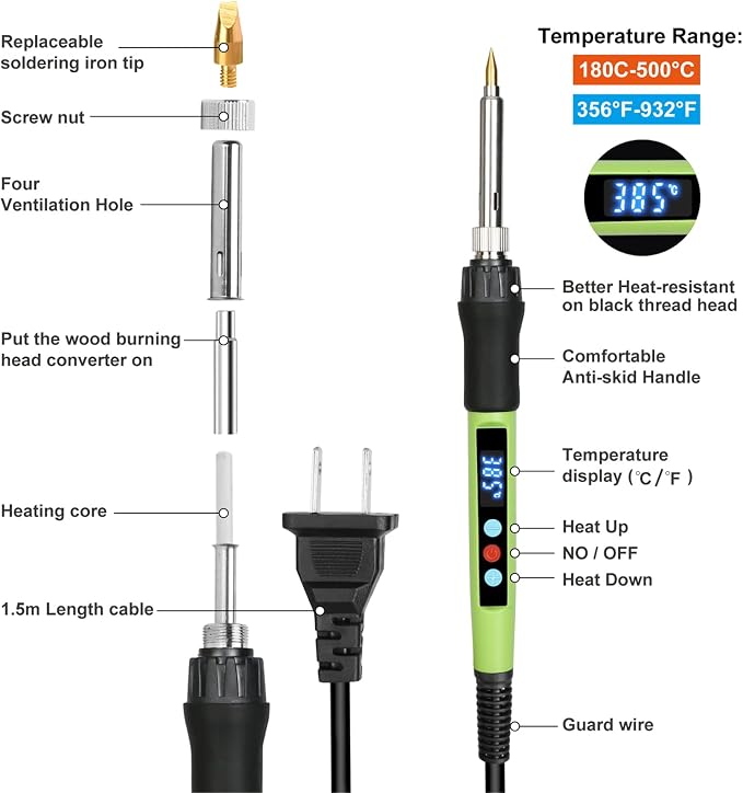 Wood Burning kit, 100W Professional WoodBurning Pen Tool, DIY Creative Tools with LED Display Adjust Temp Switch 180~500℃,Wood Burner for Embossing,Carving,Pyrography,Suitable for Beginners,Adults