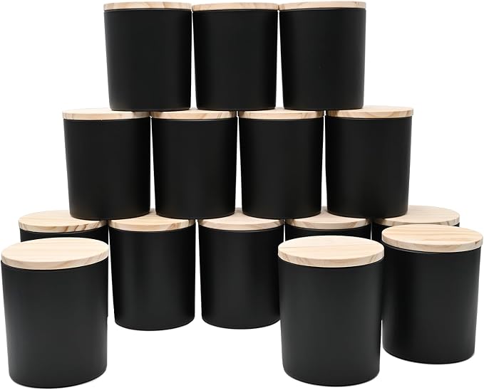 SHOWIN 10 OZ Thick Candle Jars for Making Candles 15 Pcs, Empty Jars with Wood Lids for Candle Making, Sample Container, Matte Black