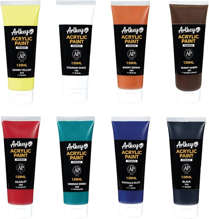 Artkey Acrylic Paint Set - 8 Colors (120 ml/4.06 oz) Tubes, Rich & Vibrant Pigments, Professional Artists Acrylic Paints - Art Supplies for Canvas Wood Rock Clay Fabric Ceramics Art Crafts Painting