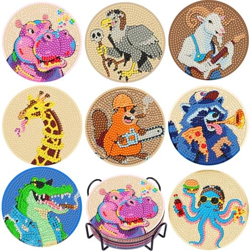 DOTSOPS 8 Pcs Animal Diamond Painting Coasters for Beginners with Holder