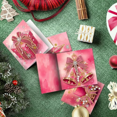 POETRYDRAW DIY Diamond Art Painting Greeting Card Kit, Creative Craft Set for Card Making，Pink Christmas