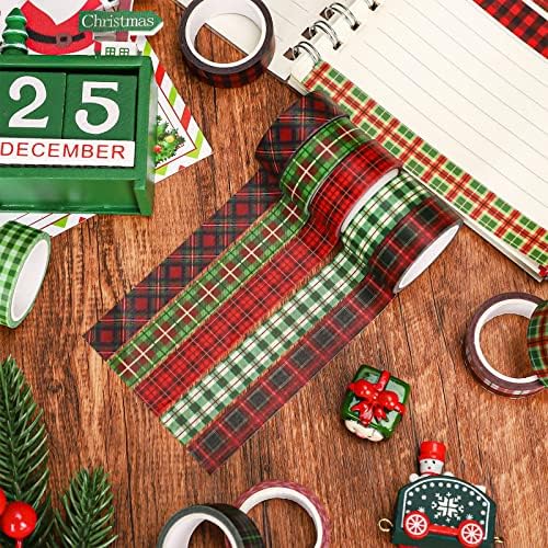 Whaline 12 Rolls Christmas Washi Tape Buffalo Plaid Pattern Red Black Green Xmas Holiday Masking Tape for Scrapbook Journal DIY Craft Gift Wrapping
